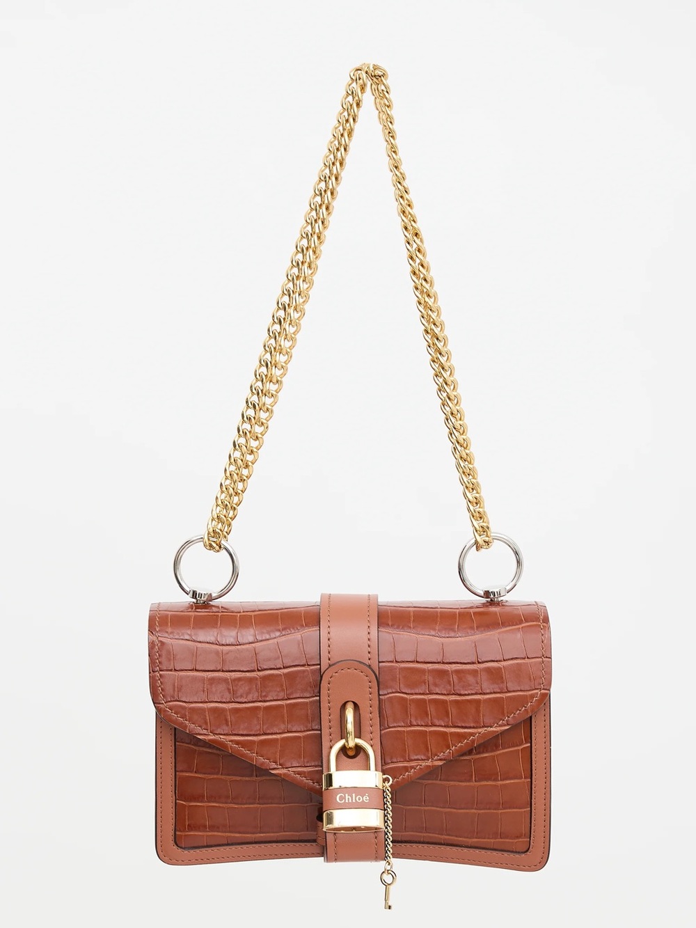 Chloé Aby Croc-Embossed Tan Leather Shoulder Bag with Gold Chain